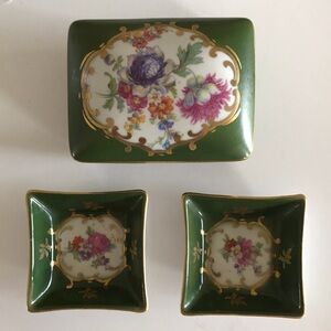 Floral Green Porcelain Trinket/Jewelry Dish Set